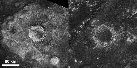 A relatively "fresh" crater called Sinlap (left) and an extremely degraded crater called Soi (right).