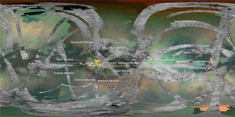 This map of Saturn’s moon Titan identifies the locations of mountains that have been named by the International Astronomical Union. By convention, mountains on Titan are named for mountains from Middle-earth, the fictional setting in fantasy novels by J.R.R. Tolkien. 