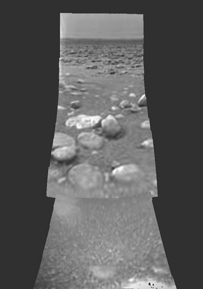 Black and white image of Titan's surface.