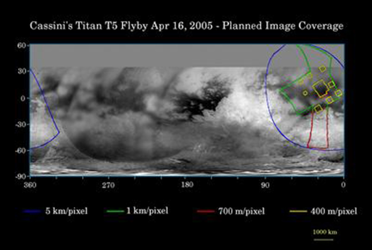 This map of Titan's surface illustrates the regions that will be imaged by Cassini during the spacecraft's close flyby of the haze-covered moon on April 16, 2005. At closest approach, the spacecraft is expected to pass approximately 1,025 kilometers (637 miles) above the moon's surface.