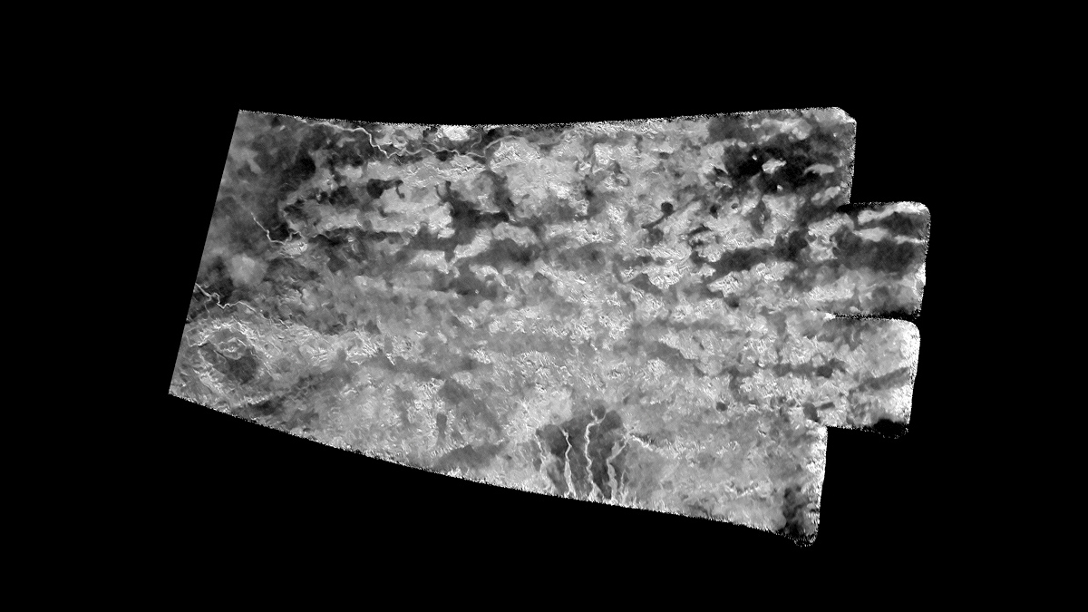 Enhanced aerial view of Titan's surface.
