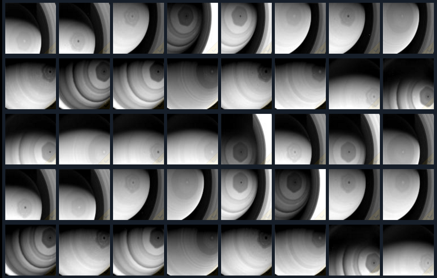 Black and white image of Saturn's Hexagon.