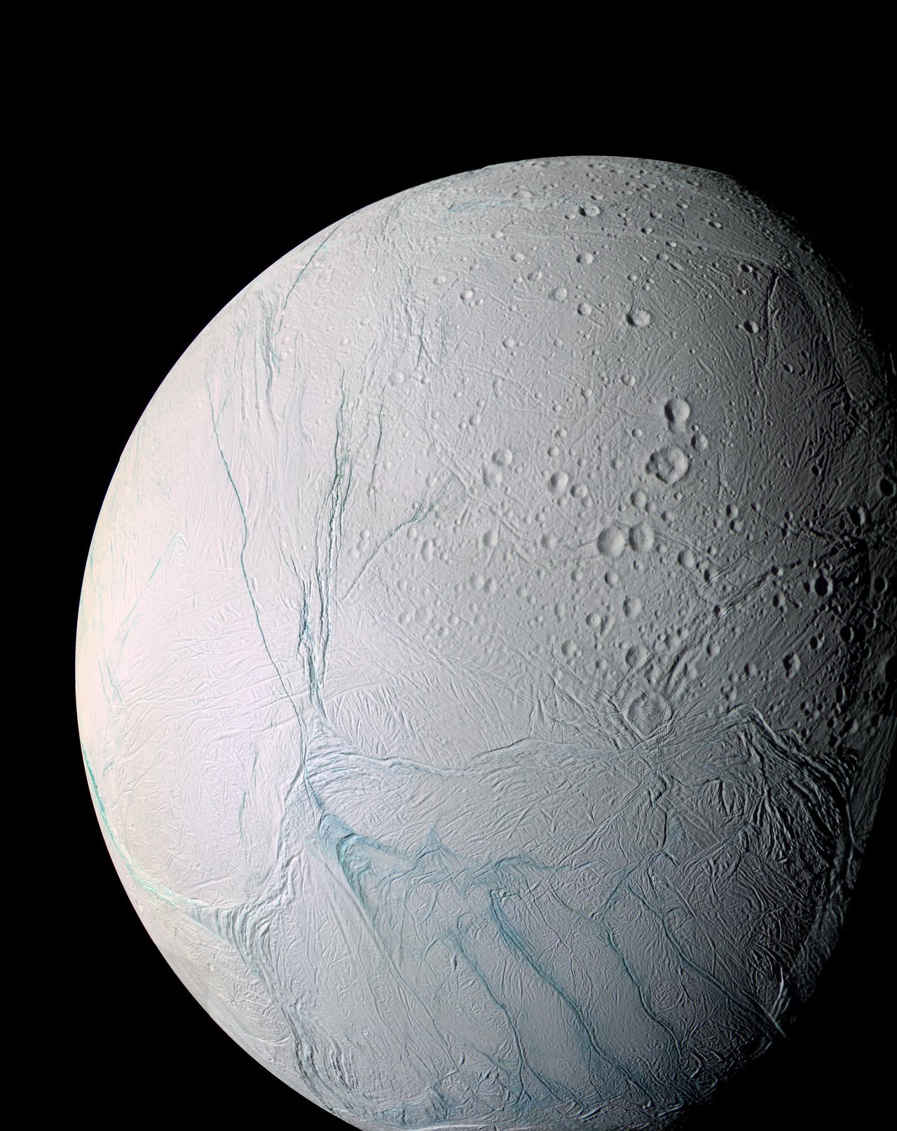 Color image of bluish white Enceladus.