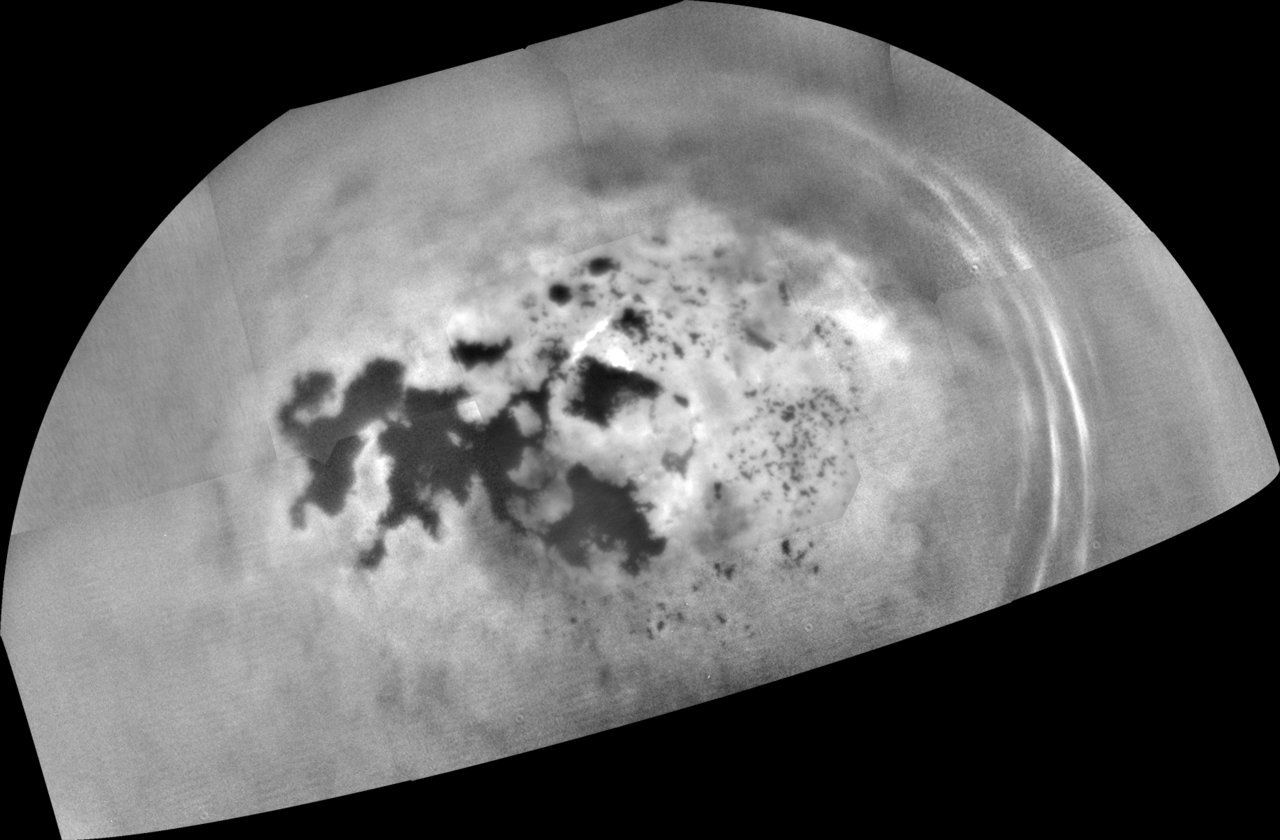 Black and white image of lakes on Titan.