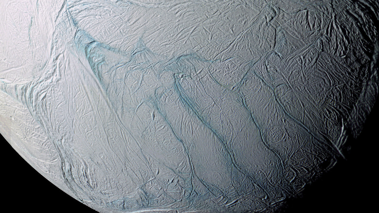 A colorized photo of Enceladus' southern pole