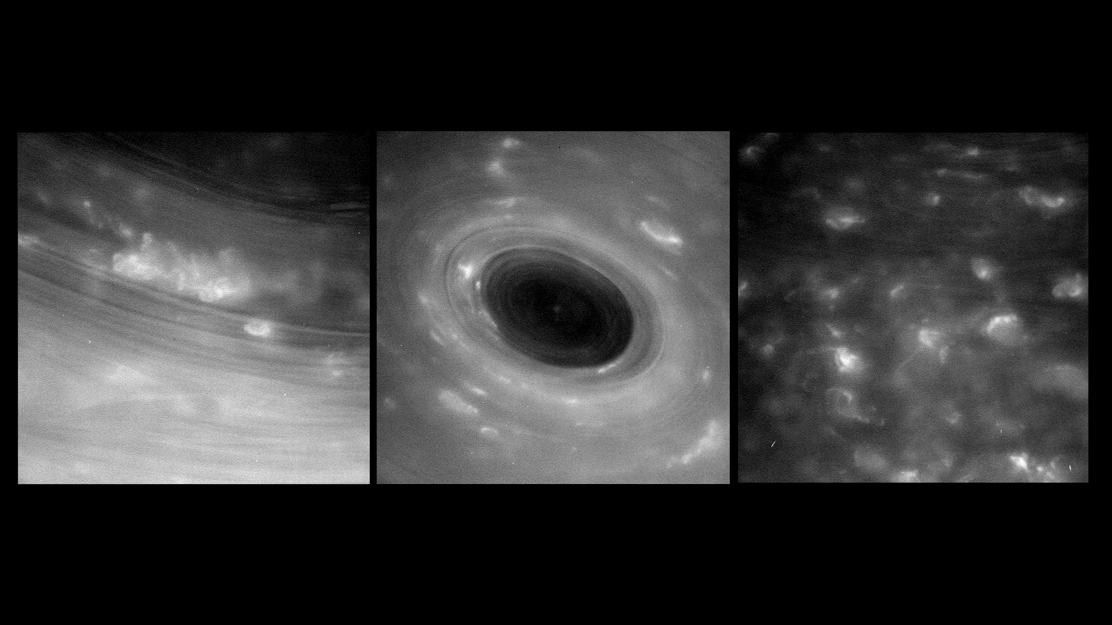 Trio of close up images of Saturn's clouds.