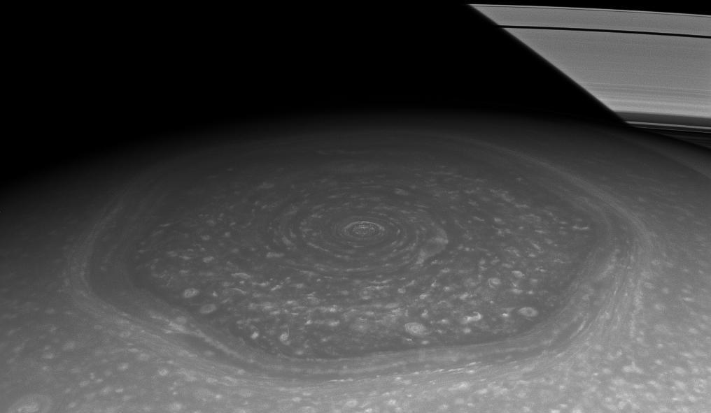 An image of the hexagonal jet stream centered around Saturn's north pole.