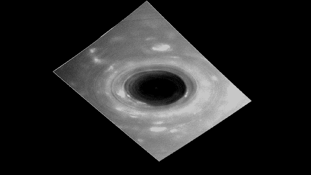 Black and white animated GIF showing images of Saturn's cloud tops.