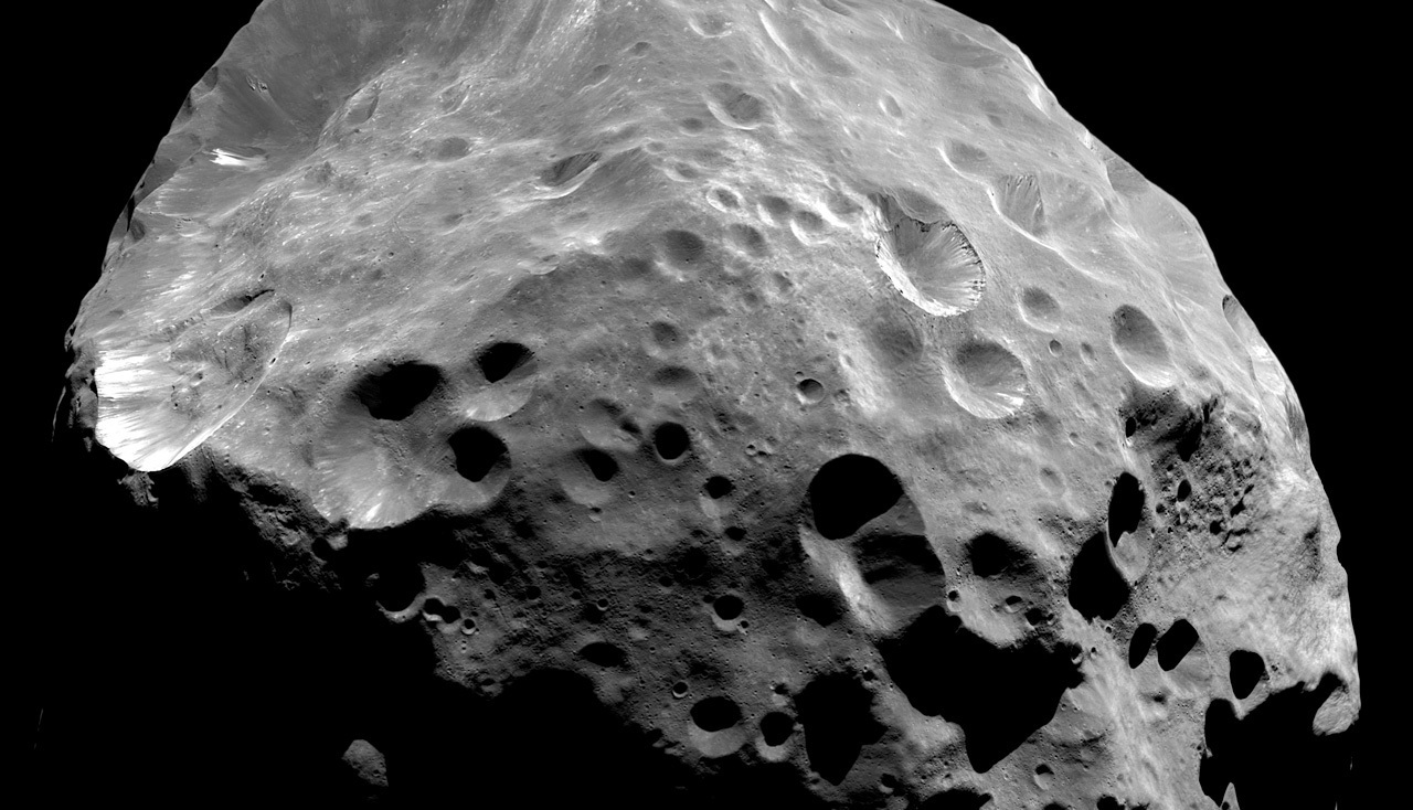 An image of Saturn's moon Phoebe taken by the Cassini spacecraft in 2004.
