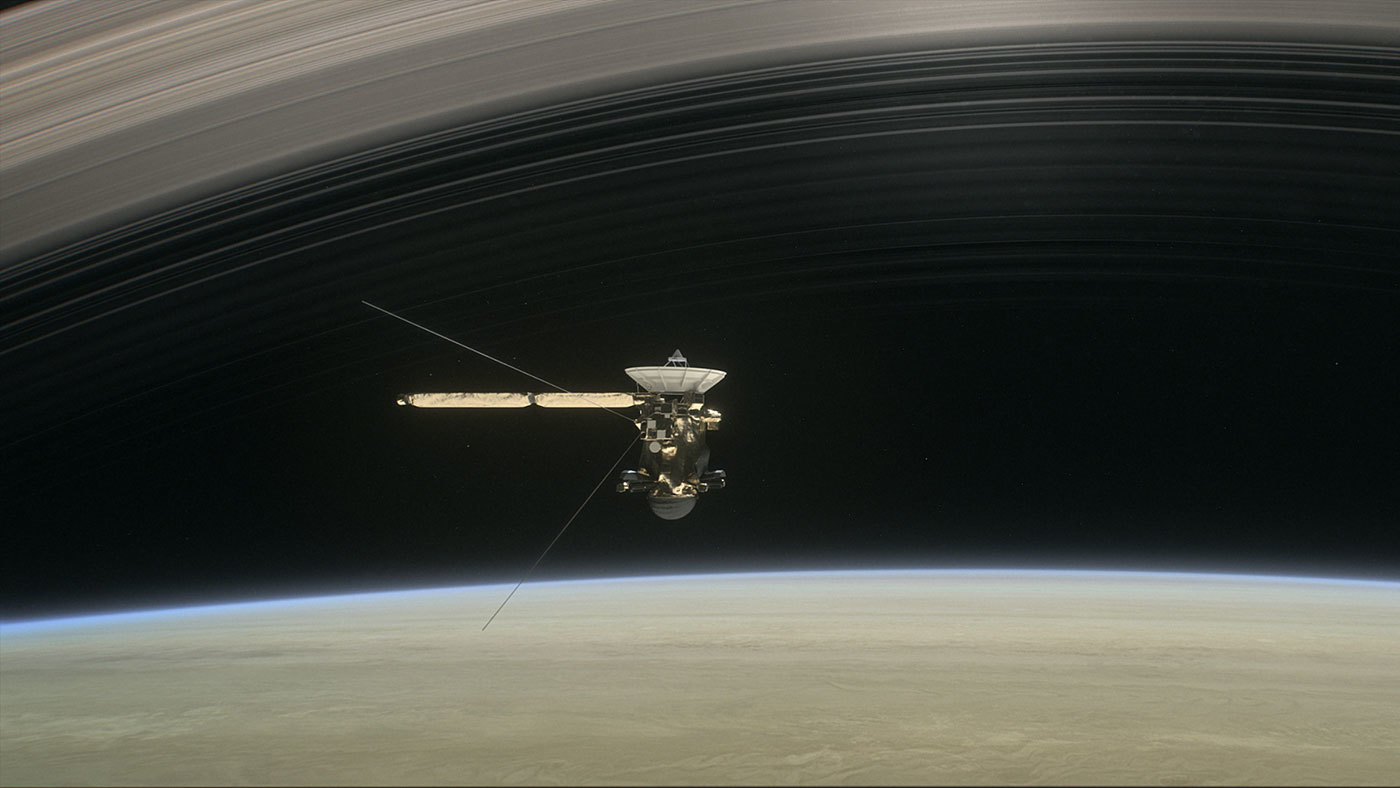 This artist's rendering shows Cassini as the spacecraft makes one of its final five dives through Saturn's upper atmosphere in August and September 2017. Credit: NASA/JPL-Caltech 