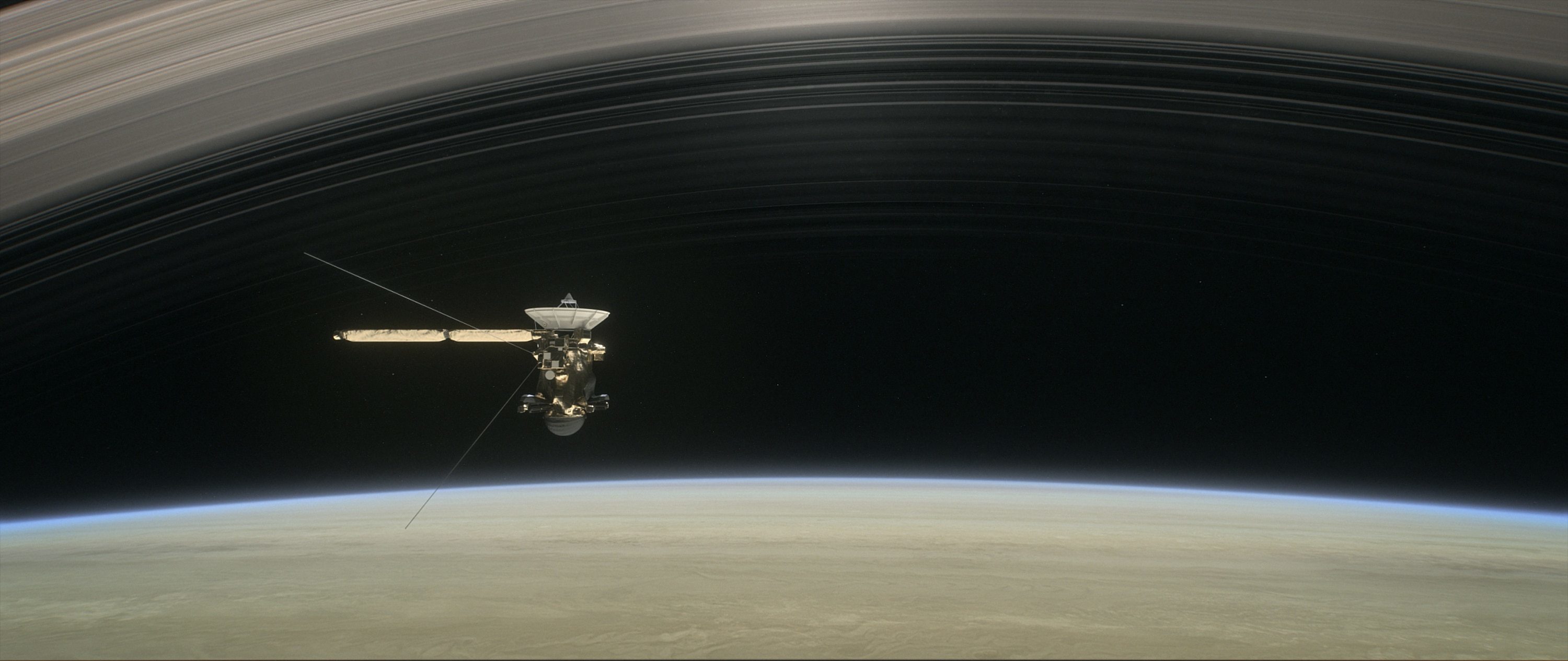 This artist's rendering shows Cassini as the spacecraft makes one of its final five dives