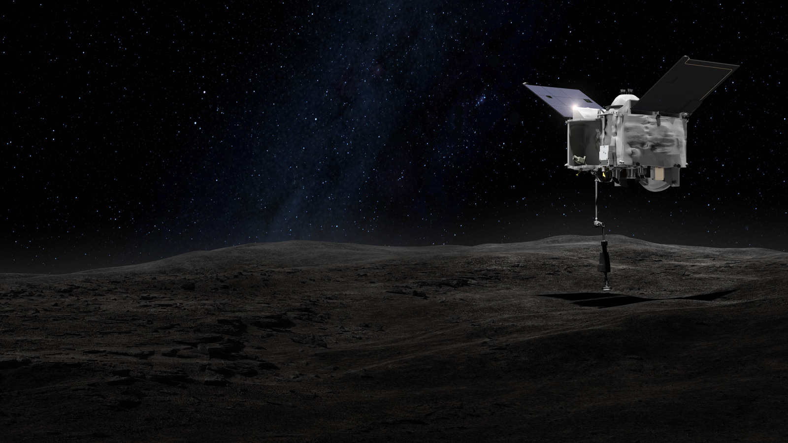 artist concept of the OSIRIS-REx spacecraft with sampling arm extended