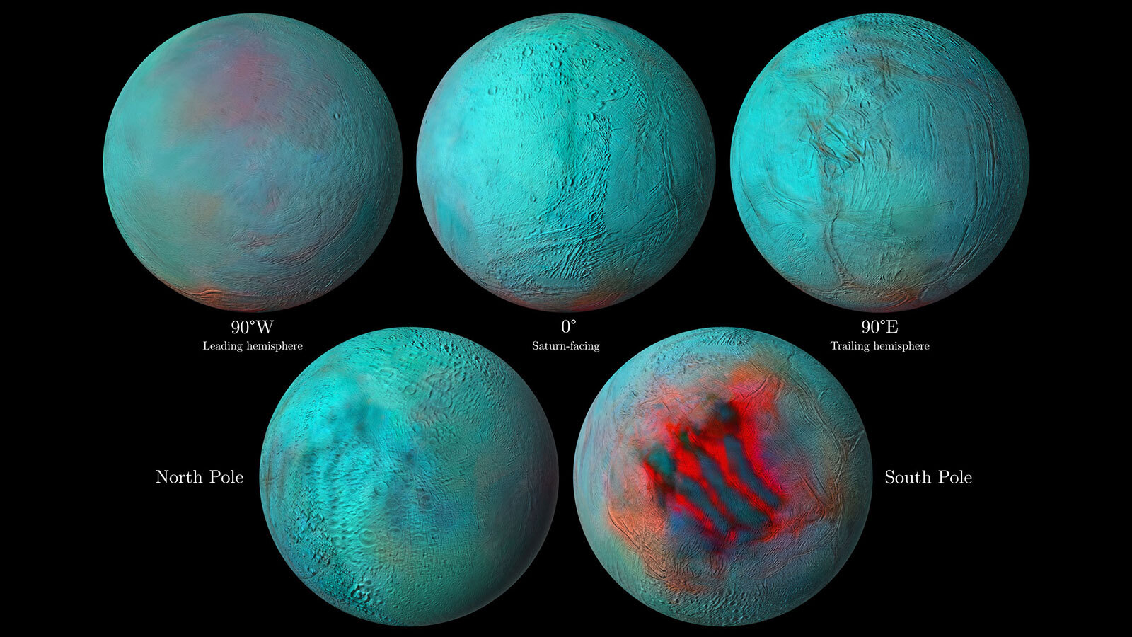 Five color-enhanced views that show ice and ice plume vents on Encelandus.