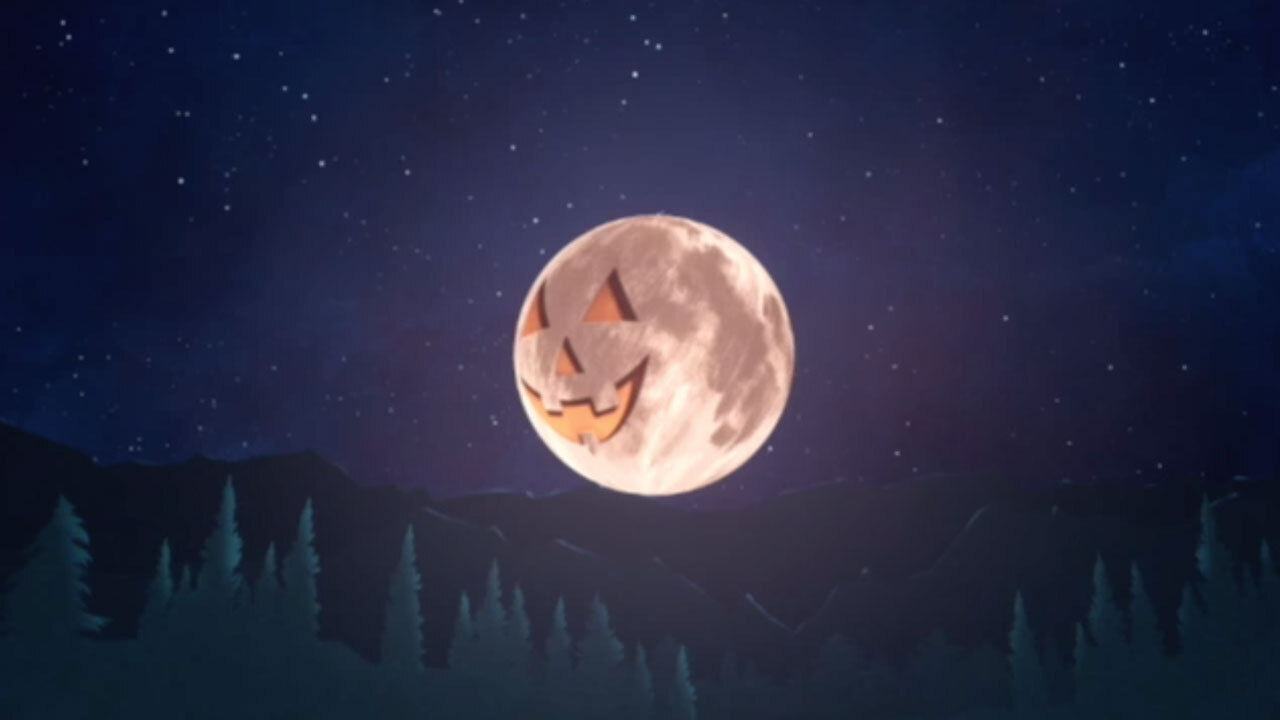 Whimsical animation of a full Moon becoming a jack-o'-lan·tern in the sky.