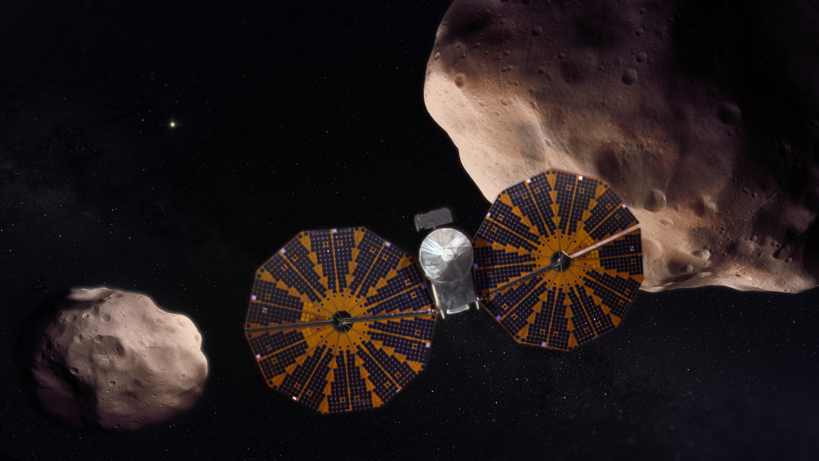 artist's concept of asteroid flyby by Lucy spacecraft