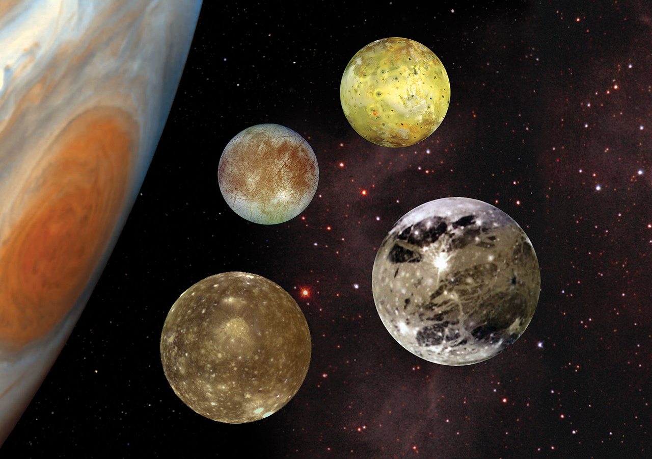 Montage of images showing Jupiter and its four largest moons
