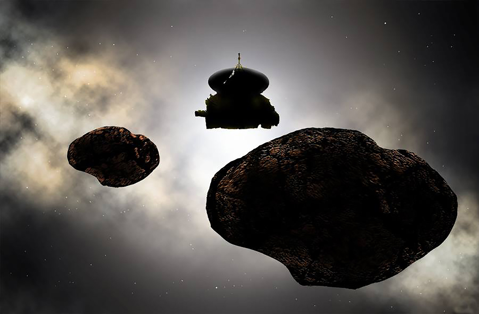 rocky objects and spacecraft in space