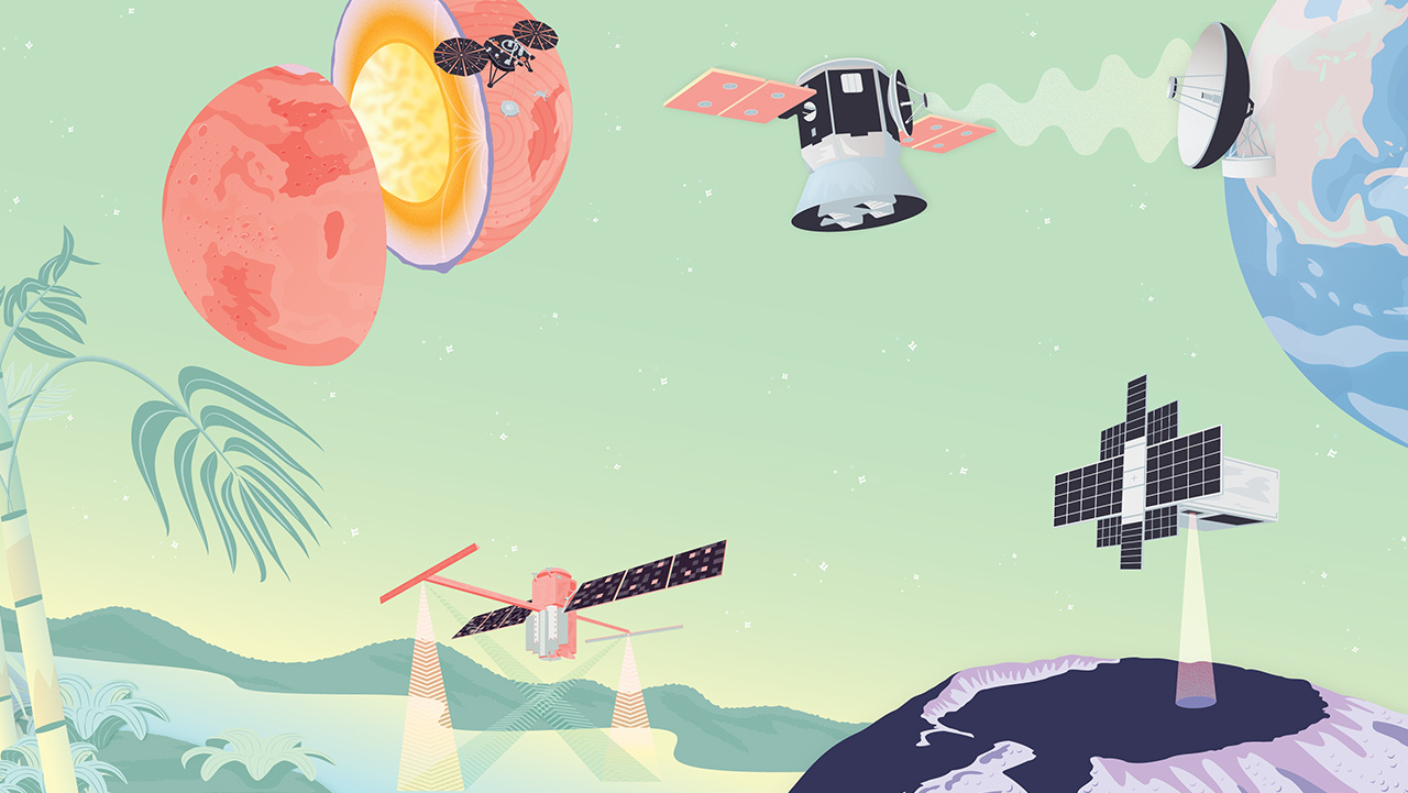 Whimsical view of cartoon planets and spacecraft and aircraft.