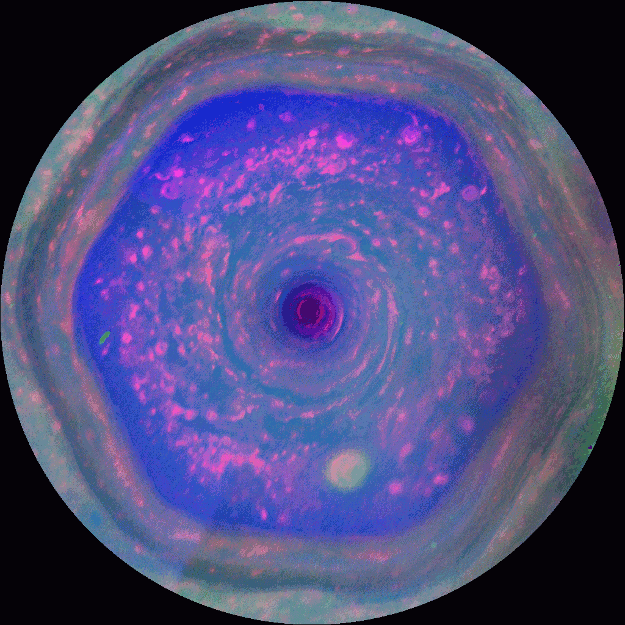 animation of clouds moving around Saturns pole in a hexagonal pattern