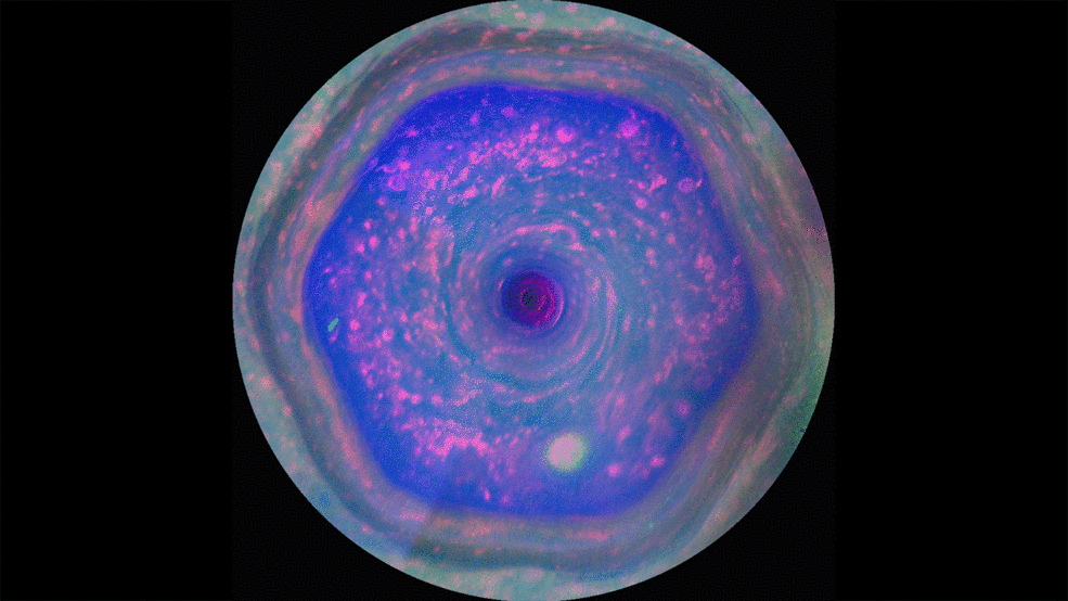 animation of clouds moving around Saturn's pole in a hexagonal formation