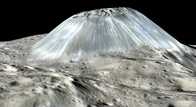 Ceres' lonely mountain, Ahuna Mons, is seen in this simulated perspective view.