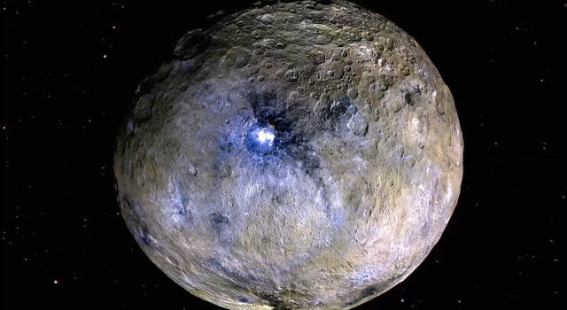 This false-color rendering highlights differences in surface materials at Ceres.