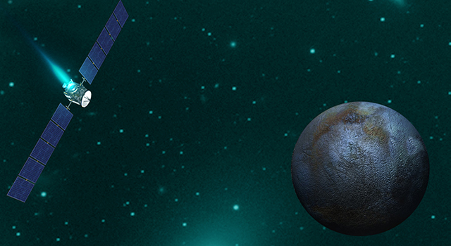 Artist concept of NASA's Dawn spacecraft orbiting Ceres during an upcoming flyby.