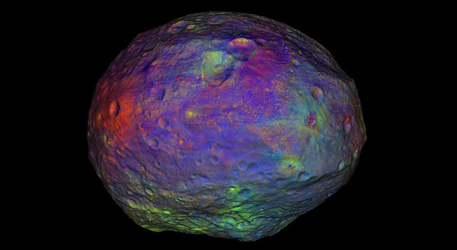 These infrared and visible light images have been combined and represented in colors that highlight the nature of the minerals on Vesta's surface