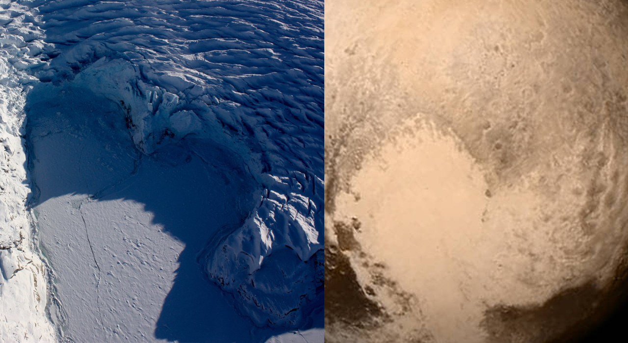 Heart-shaped ice basin on Earth and a heart-shaped plains on Pluto.