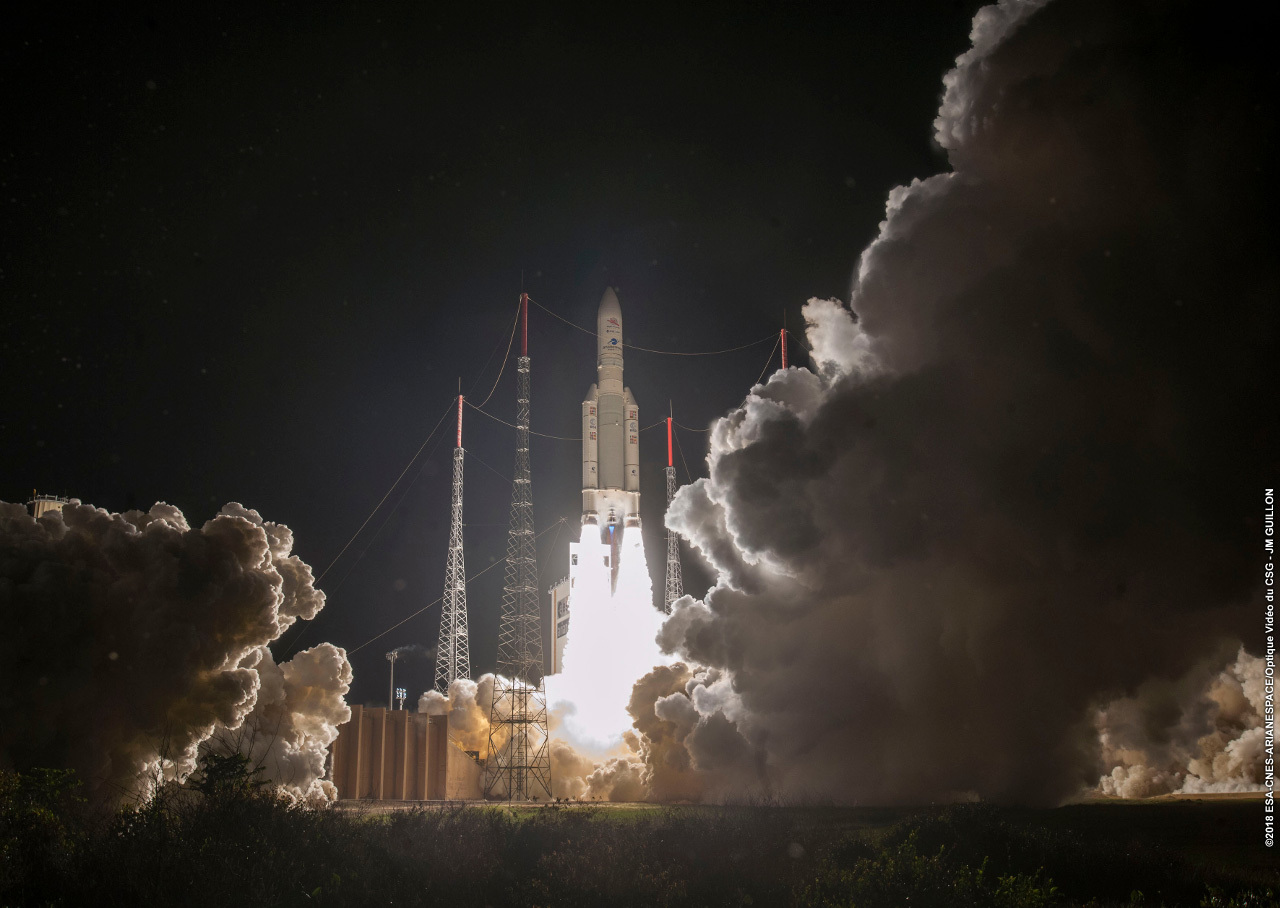 Rocket lifting off launch pad.ESA Media Relations Office