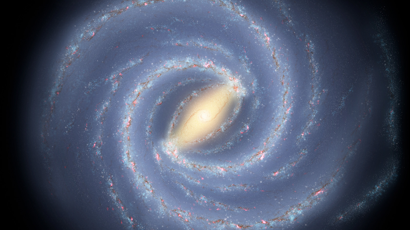 Illustration of pinwheel galaxy with bright center and curved spiral arms.