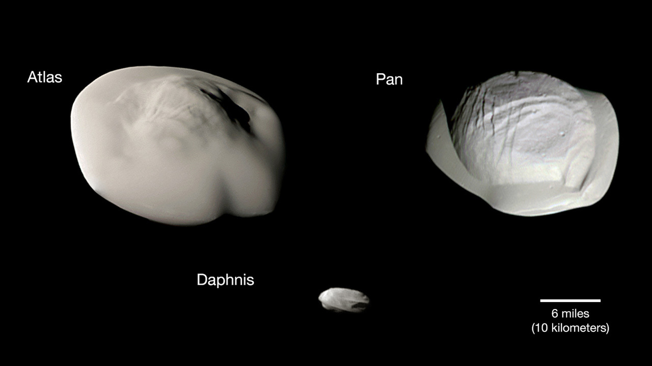 Composite image three Saturn moons. Atlas is largest and Daphnis is smallest.