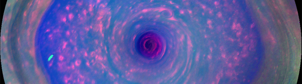 Close up view of swirling clouds and storms on Jupiter.
