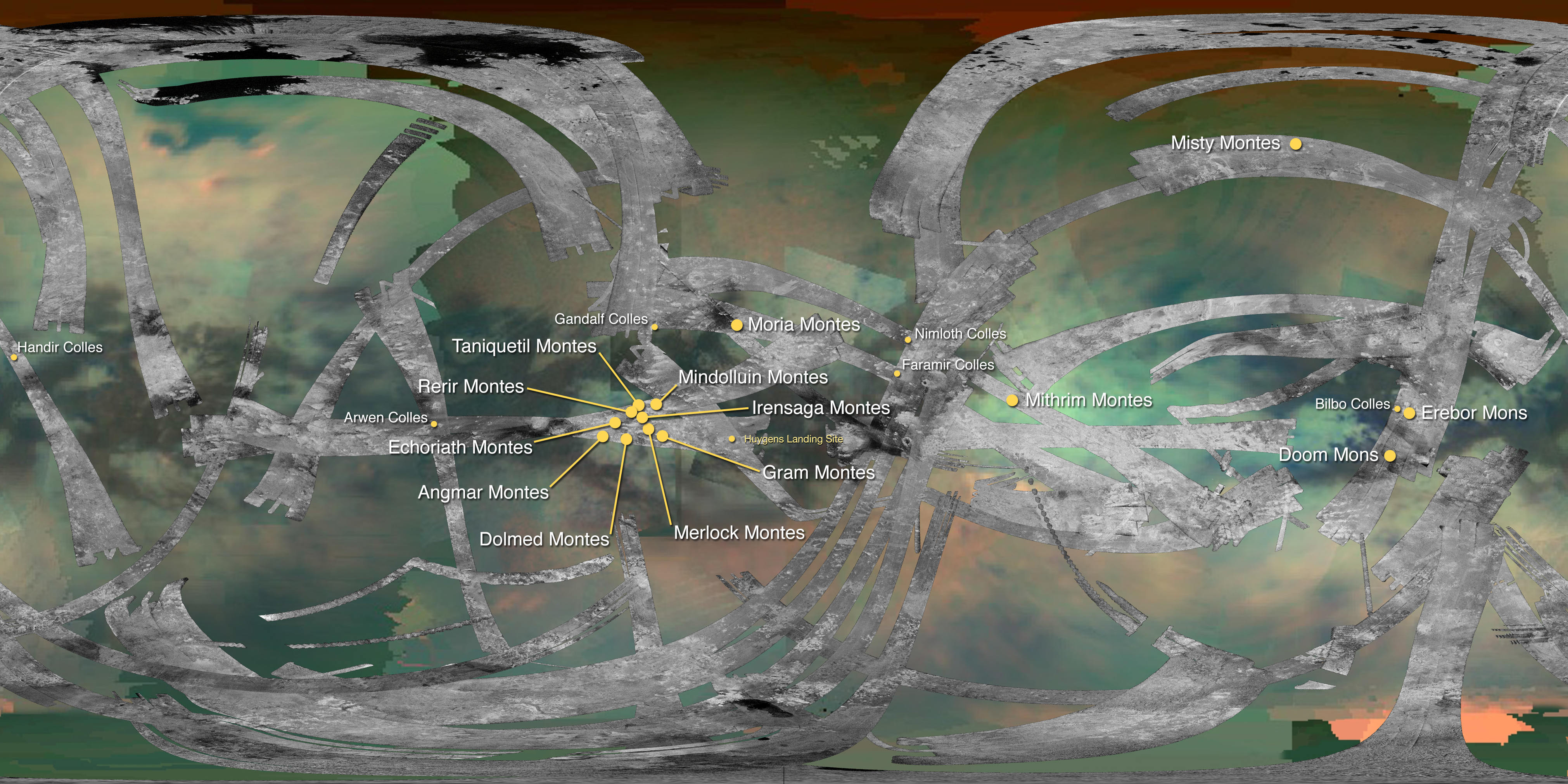 Color map showing locations of mountains on Titan.