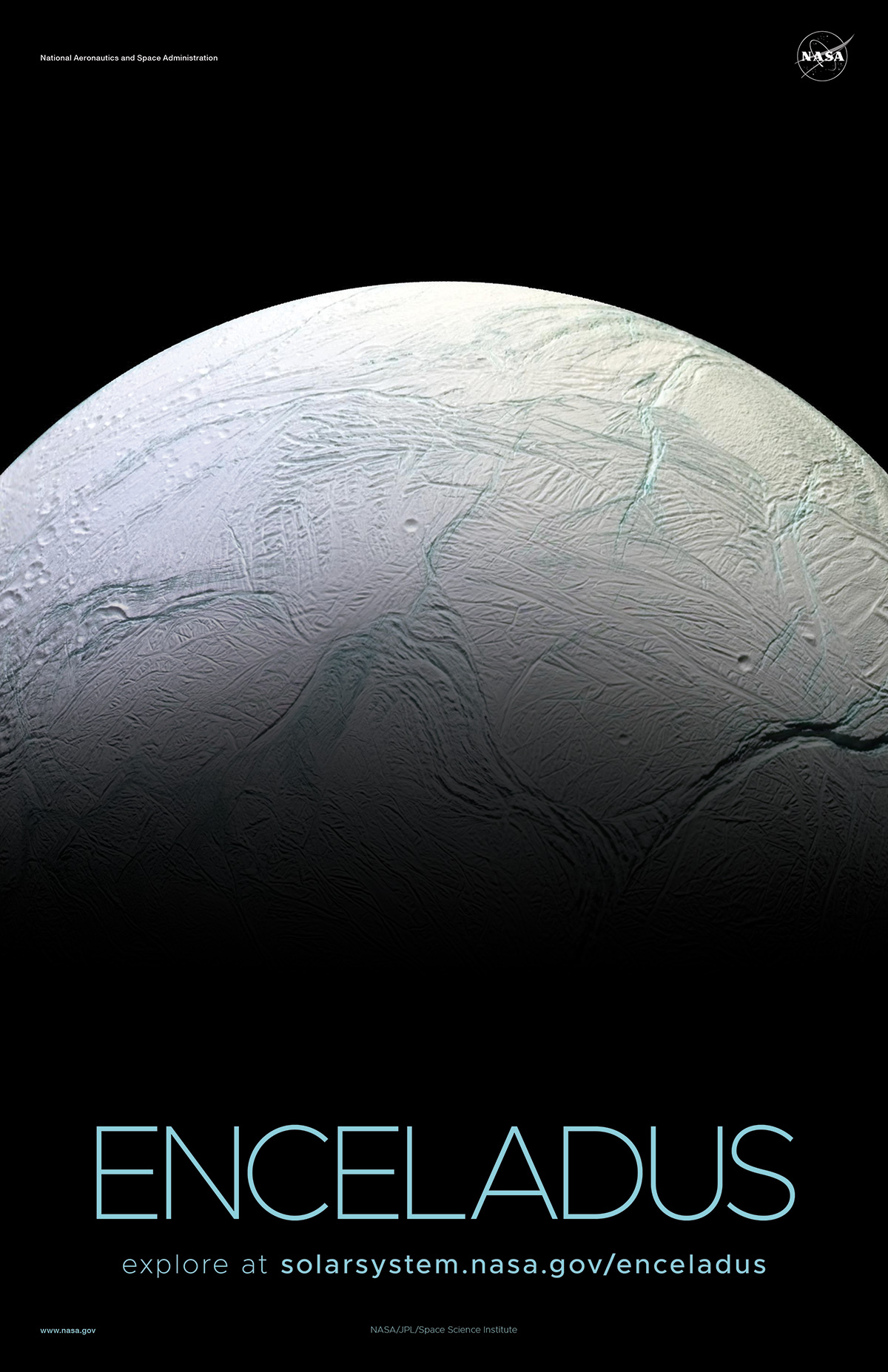 Close up of sunlit hemisphere of Enceladus.