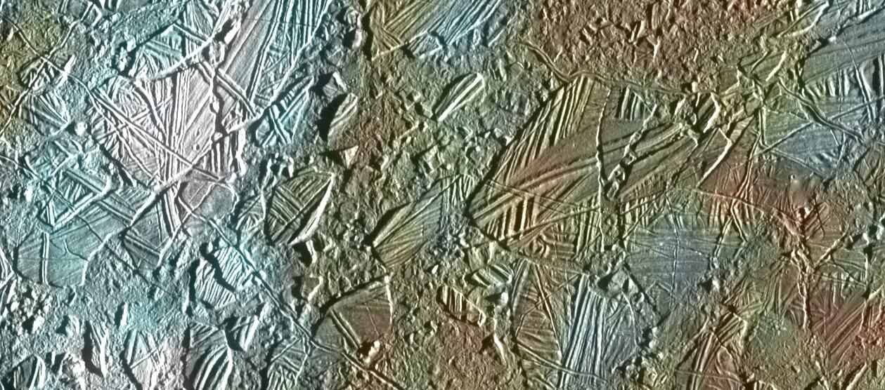 View of a small region of the thin, disrupted, ice crust in the Conamara region of Jupiter's moon Europa showing the interplay of surface color with ice structures.