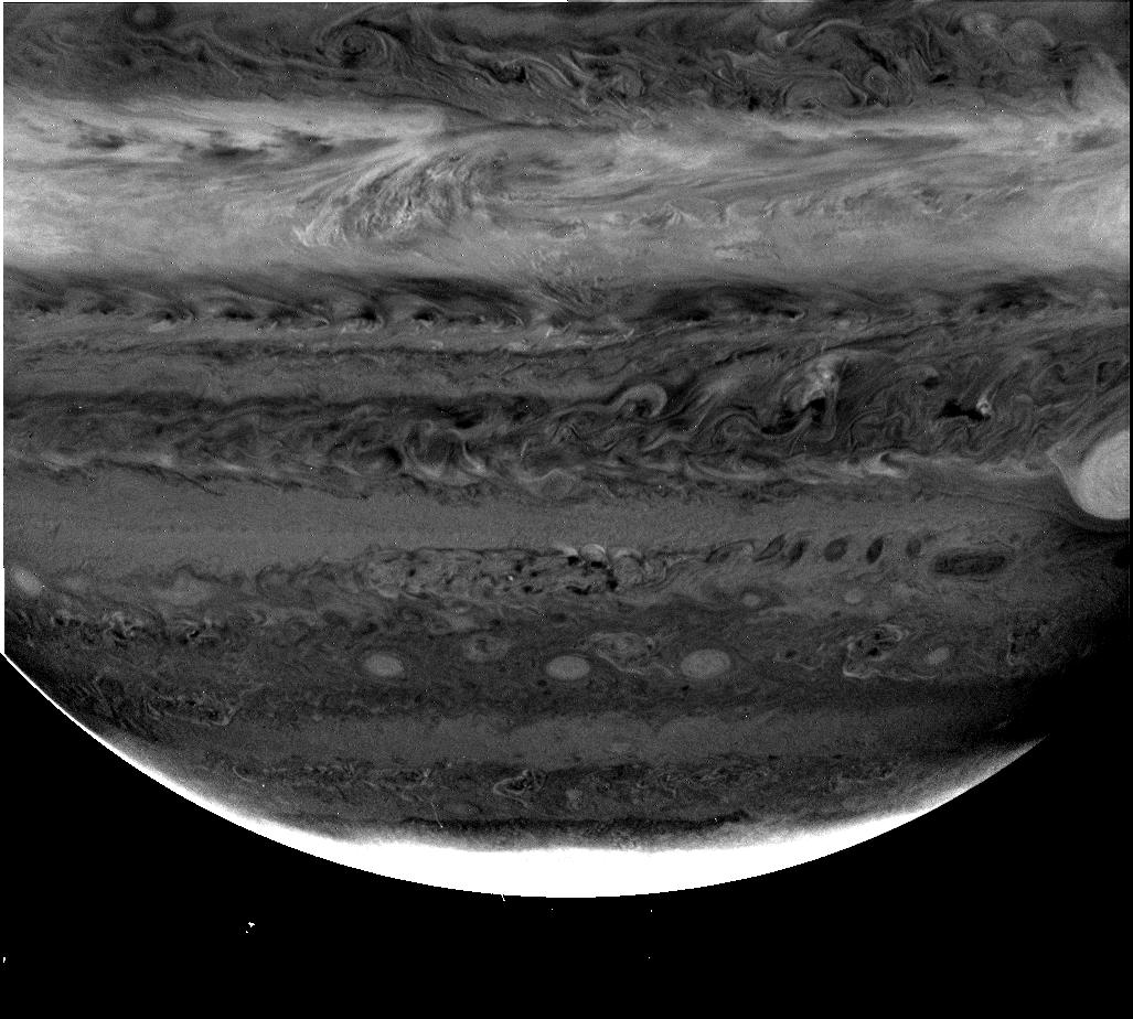Images from NASA's Cassini spacecraft using three different filters reveal cloud structures and movements at different depths in the atmosphere around Jupiter's south pole.