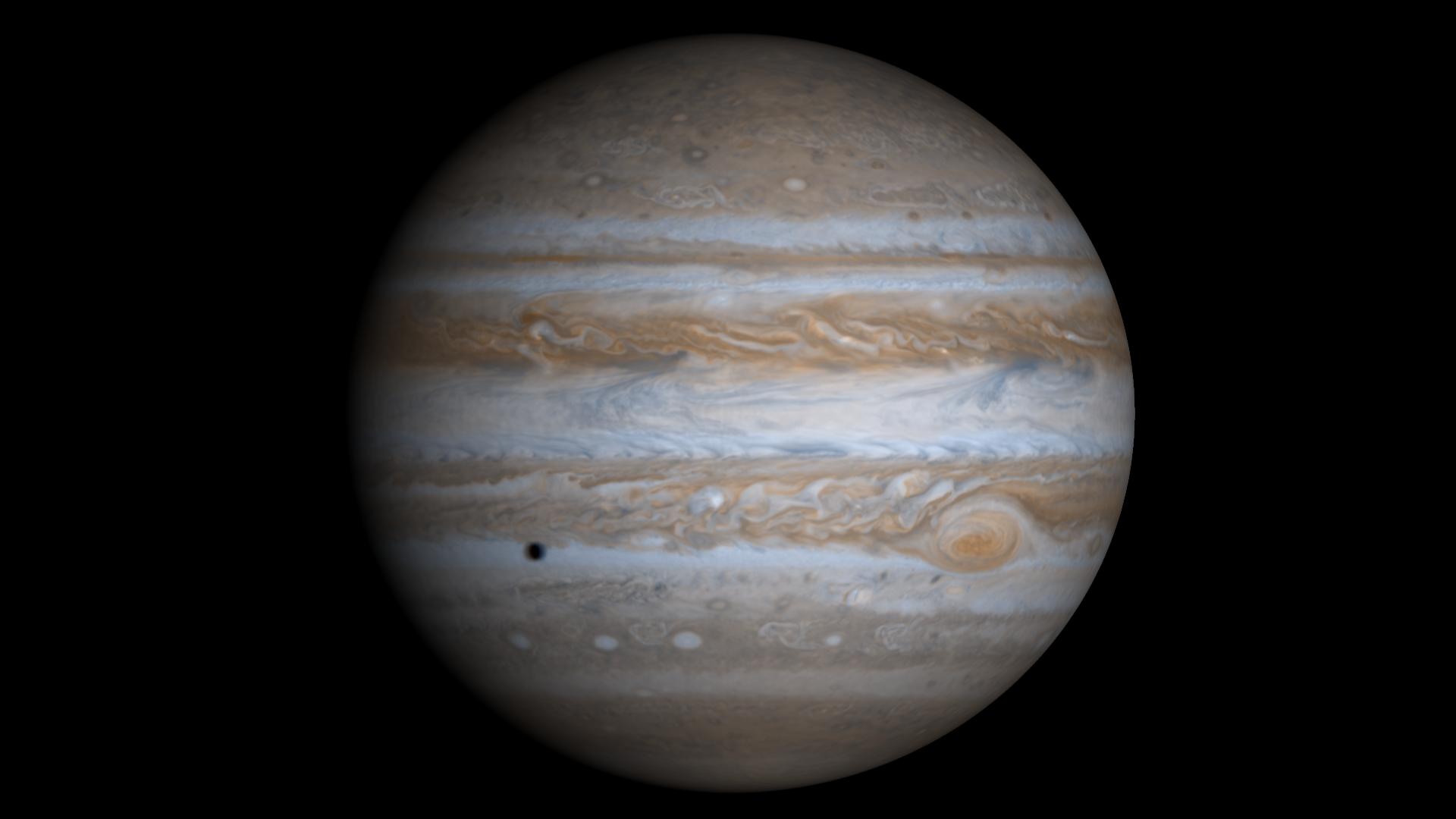 This true-color simulated view of Jupiter is composed of 4 images taken by NASA's Cassini spacecraft on December 7, 2000.