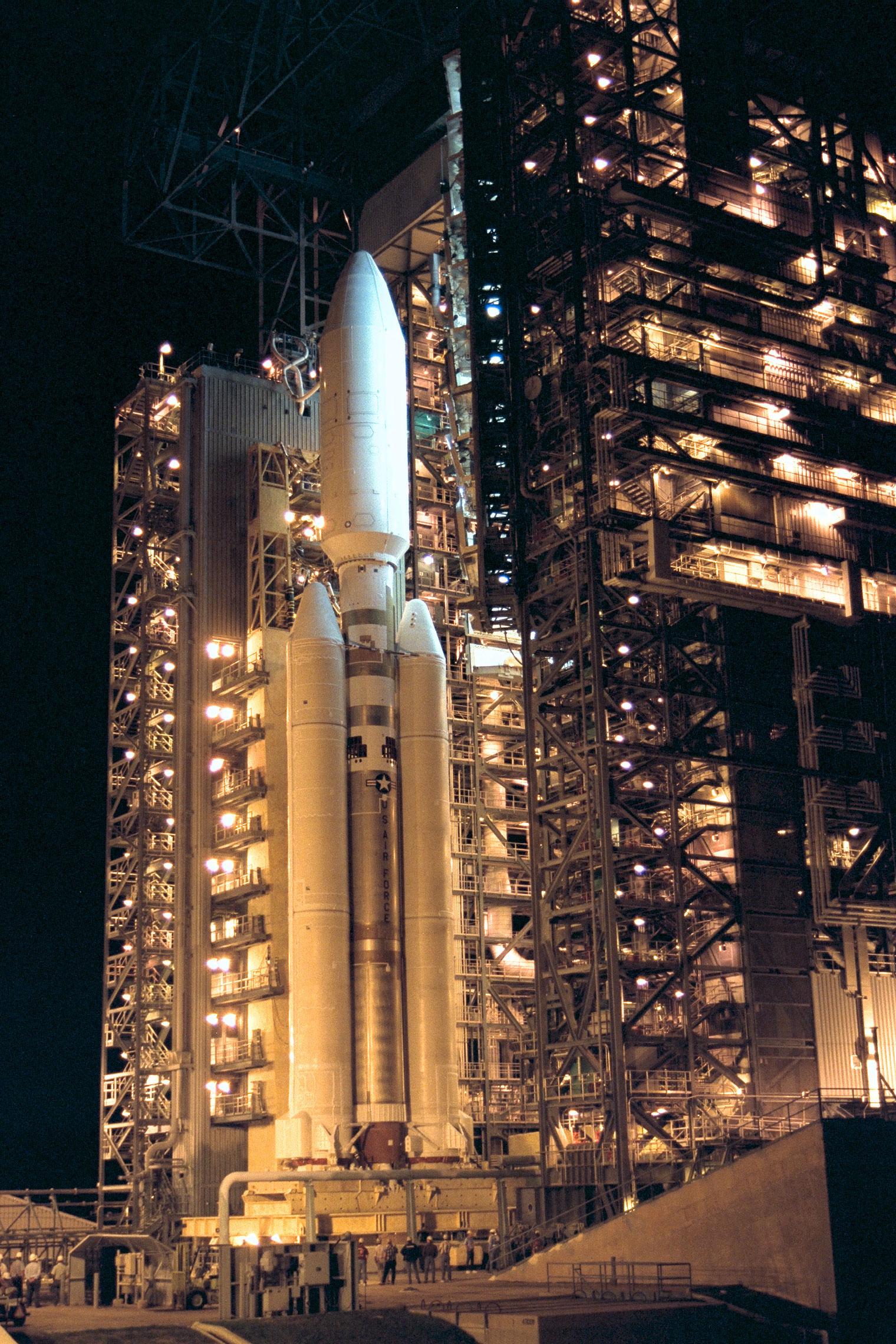 Color image of rocket on launch pad.