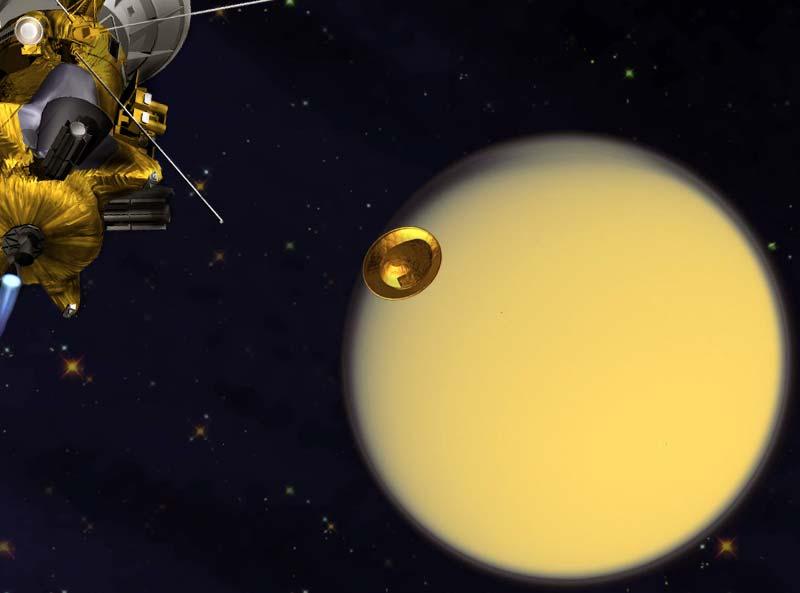 Color illustration of the Huygens Probe leaving the Cassini orbiter towards the yellowish moon Titan.