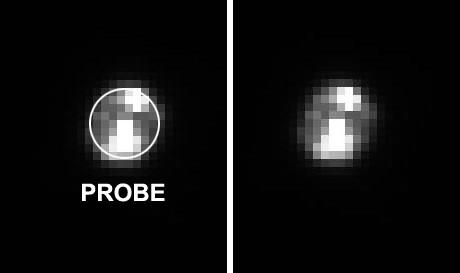 Twin black and white images show a pixelated view of the Huygens Probe in space. The image of the left is labeled.