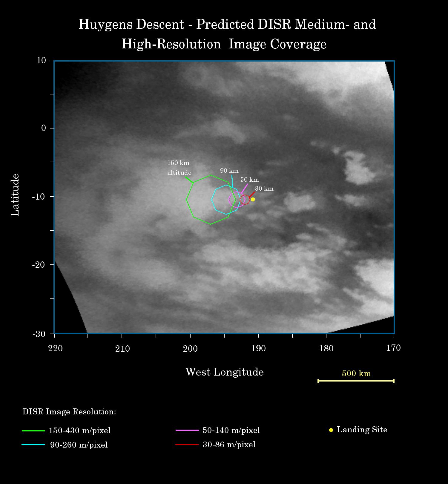 Black and white map with colored areas indicated planned Huygens probe imaging coverage.