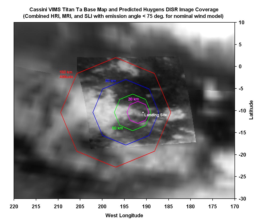 black and white image showing imaging coverage area of Huygens Titan descent