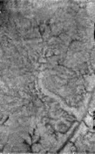 Black and white image of Titan surface features from above.