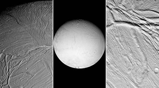 Three images of Saturn's moons Titan and Enceledas