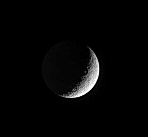 The trailing hemisphere on Saturn's moon Rhea