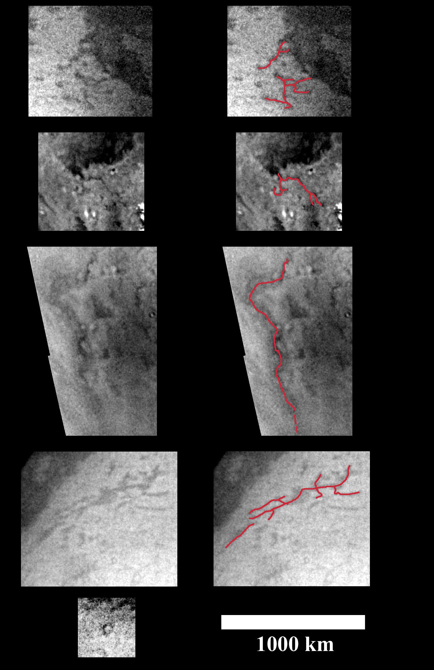 Close-up images of Titan, some with features highlighted