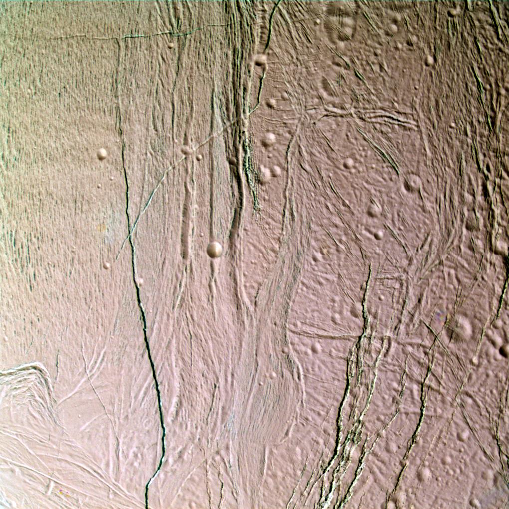 False-color, close-up view of Enceladus