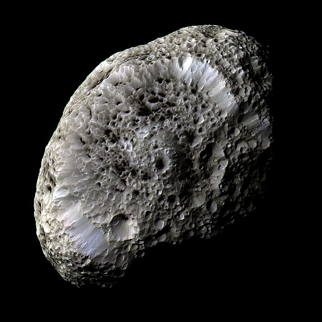 This stunning false-color view of Saturn's moon Hyperion reveals crisp details across the strange, tumbling moon's surface. 