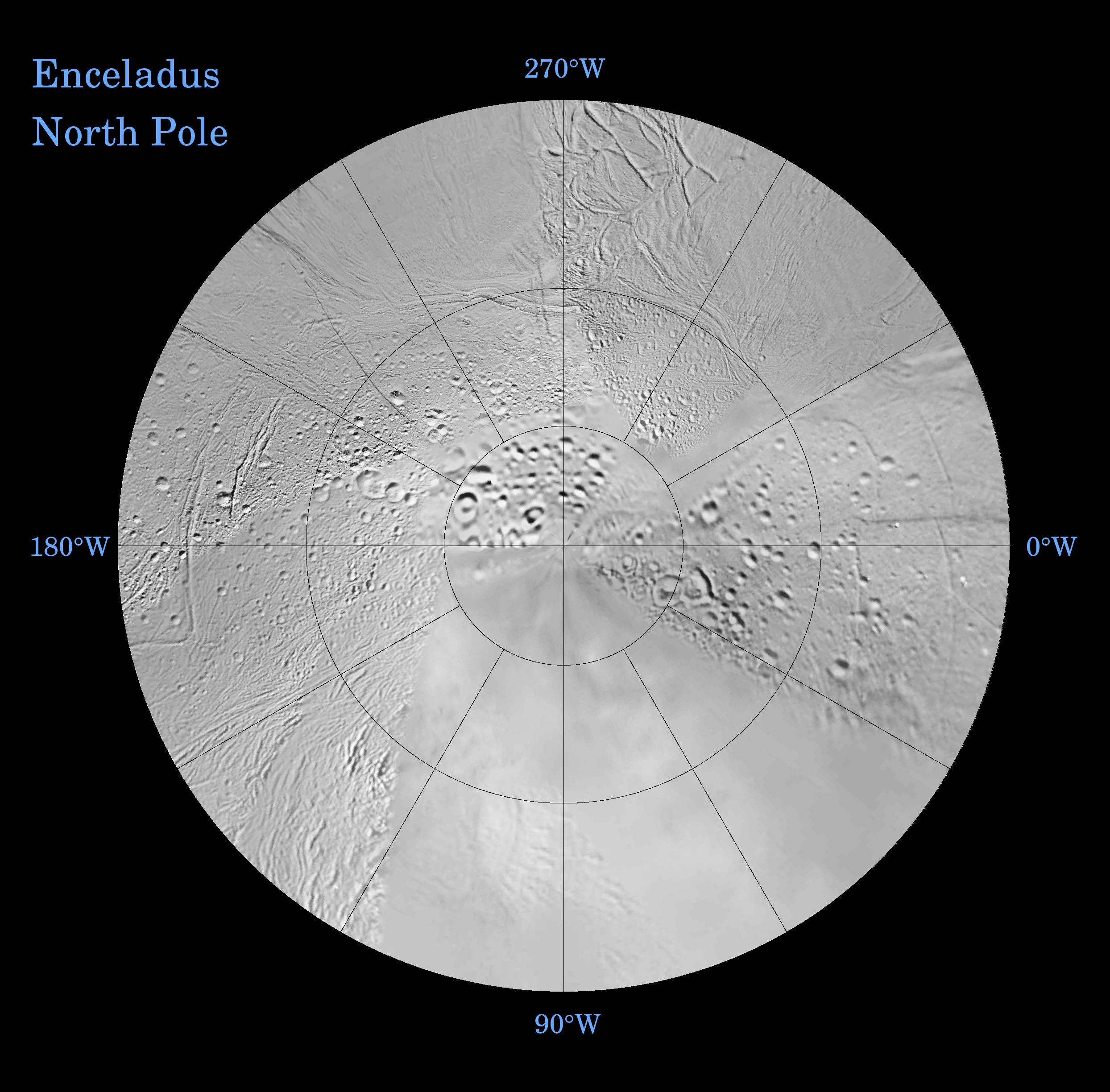 The northern hemisphere of Enceladus is seen in this polar stereographic map, mosaicked from the best-available Cassini and Voyager clear-filter images